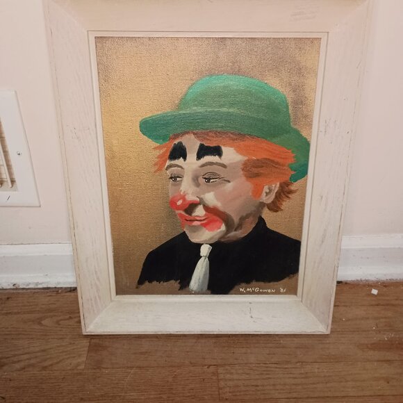 Vintage Clown Paintings Pair 1960s Midcentury CREEPY Signed W. McGowen - Picture 5 of 6